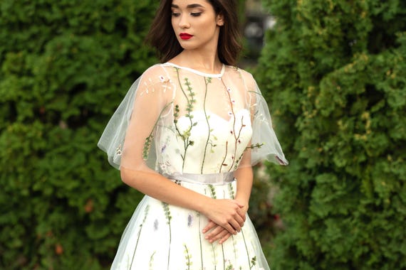 Floral Embroidered Elopement Wedding Dress: Colorful Rustic Bohemian Alternative Simple Green Flowers Bridal Gown