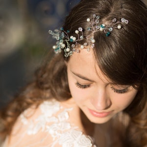 Something blue wedding hair vine, bridal bridesmaid hair accessories, bridal headband, bridal tiara, wedding wreath, pearls crystals vine. image 2