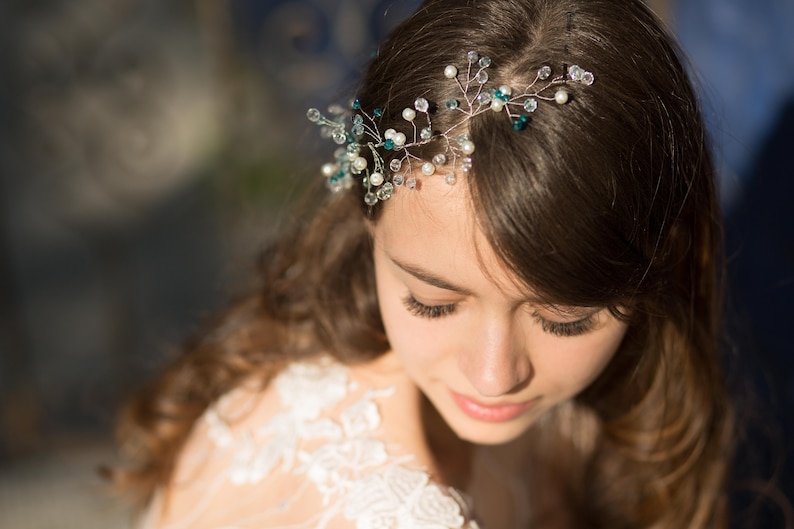Something blue wedding hair vine, bridal bridesmaid hair accessories, bridal headband, bridal tiara, wedding wreath, pearls crystals vine. image 2