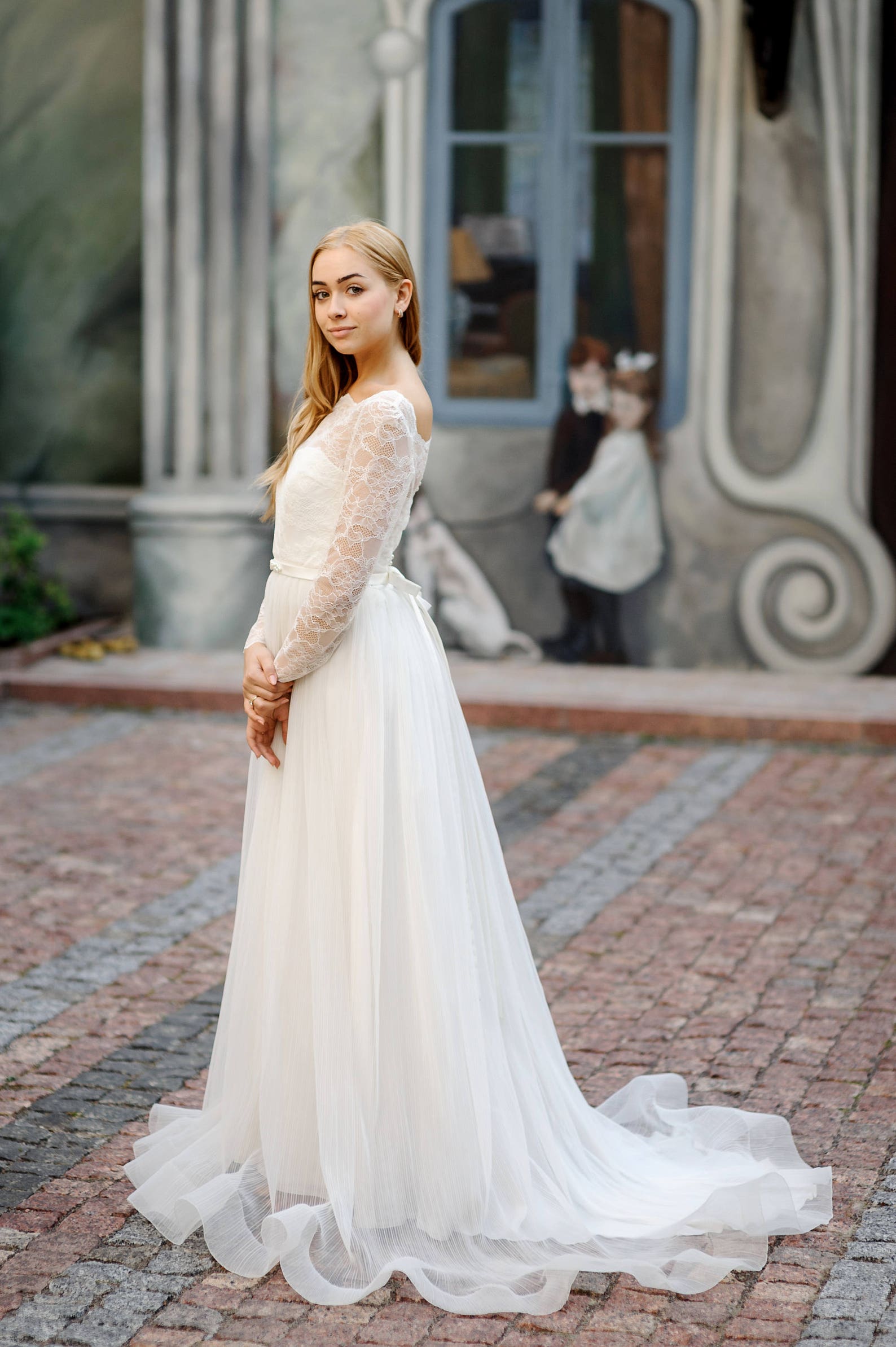 Classic French Lace V-neck Short Puffy A-line Bridal Gown