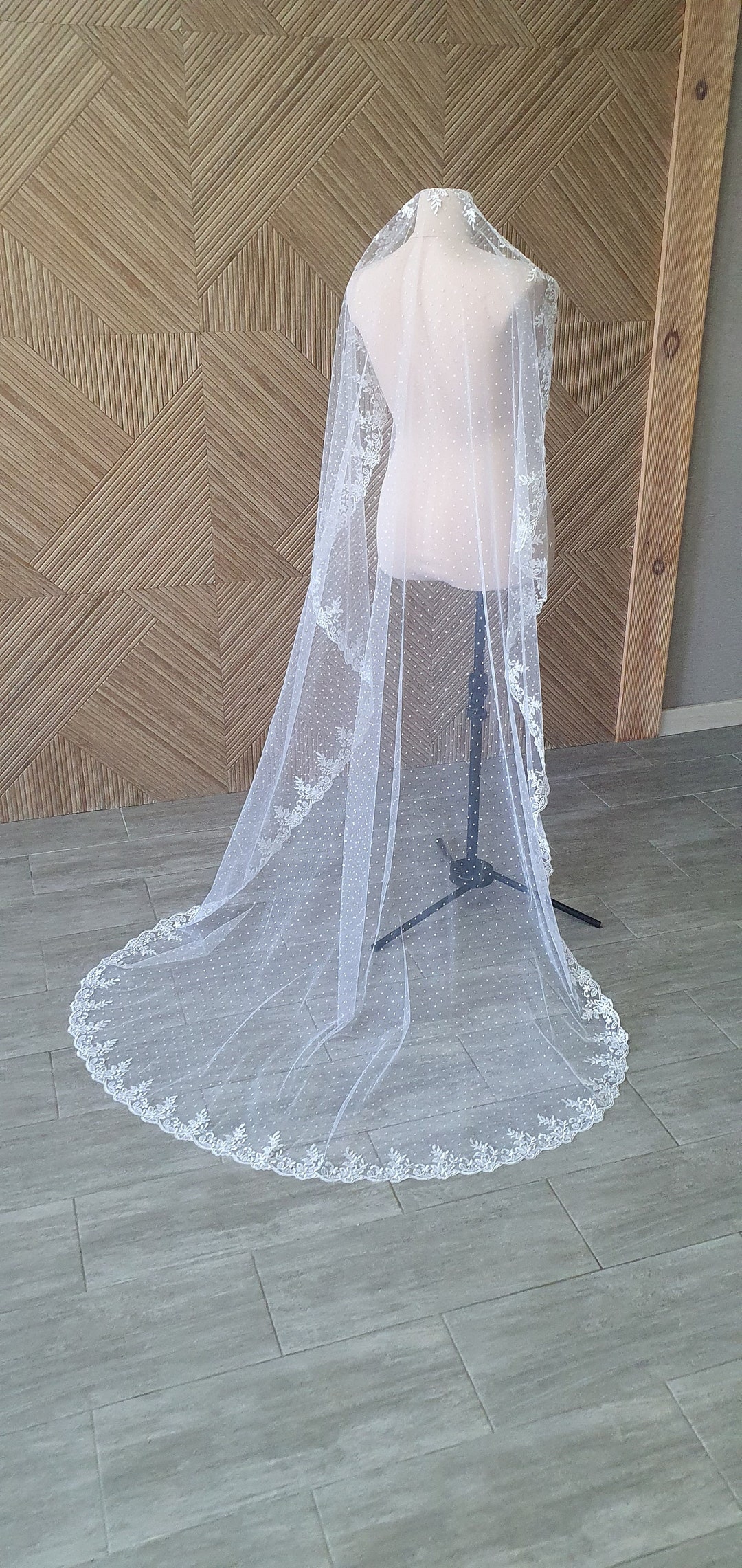 Mantilla Wedding Veil: Dotted Tulle, Lace Trim, Chapel Length