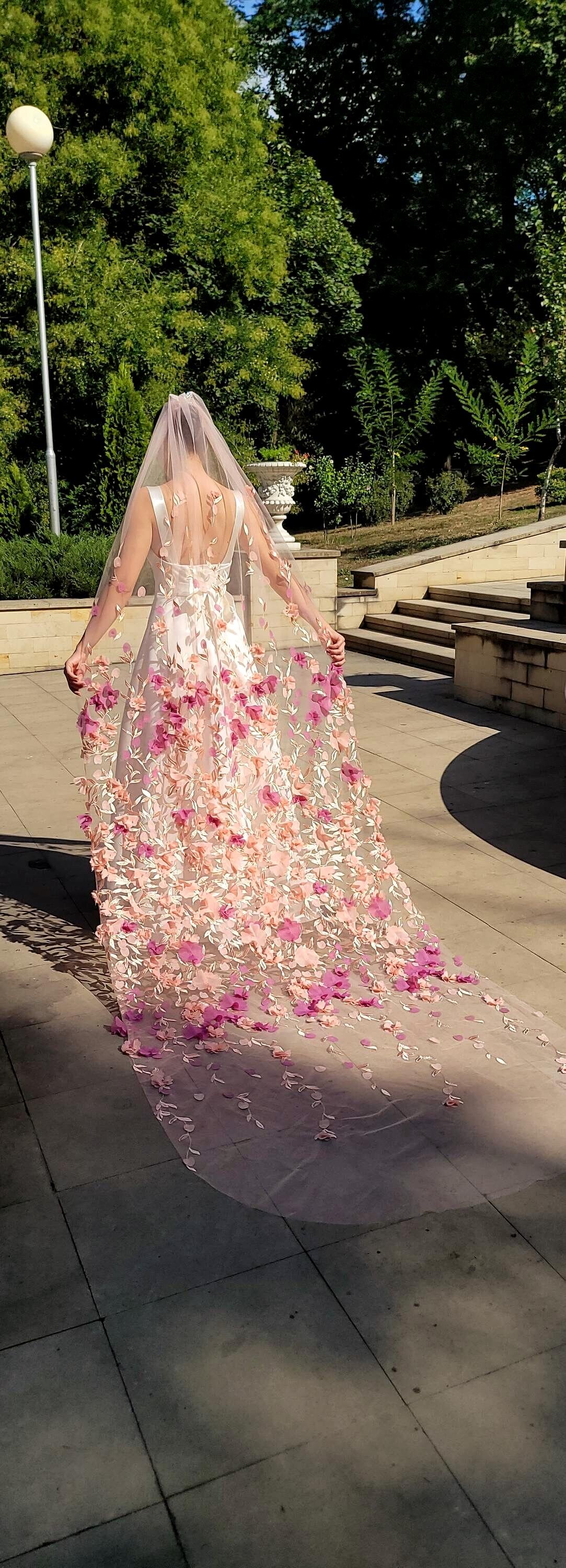 Floral Wedding Veil: 3D Peachy Pink Purple Violet Flowers 