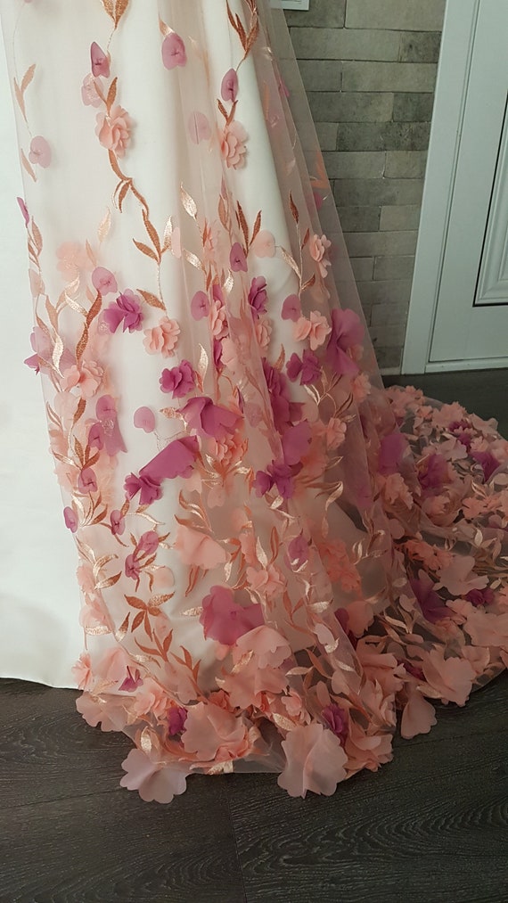 3D Peachy Pink Purple Flower Wedding Skirt, Green Floral