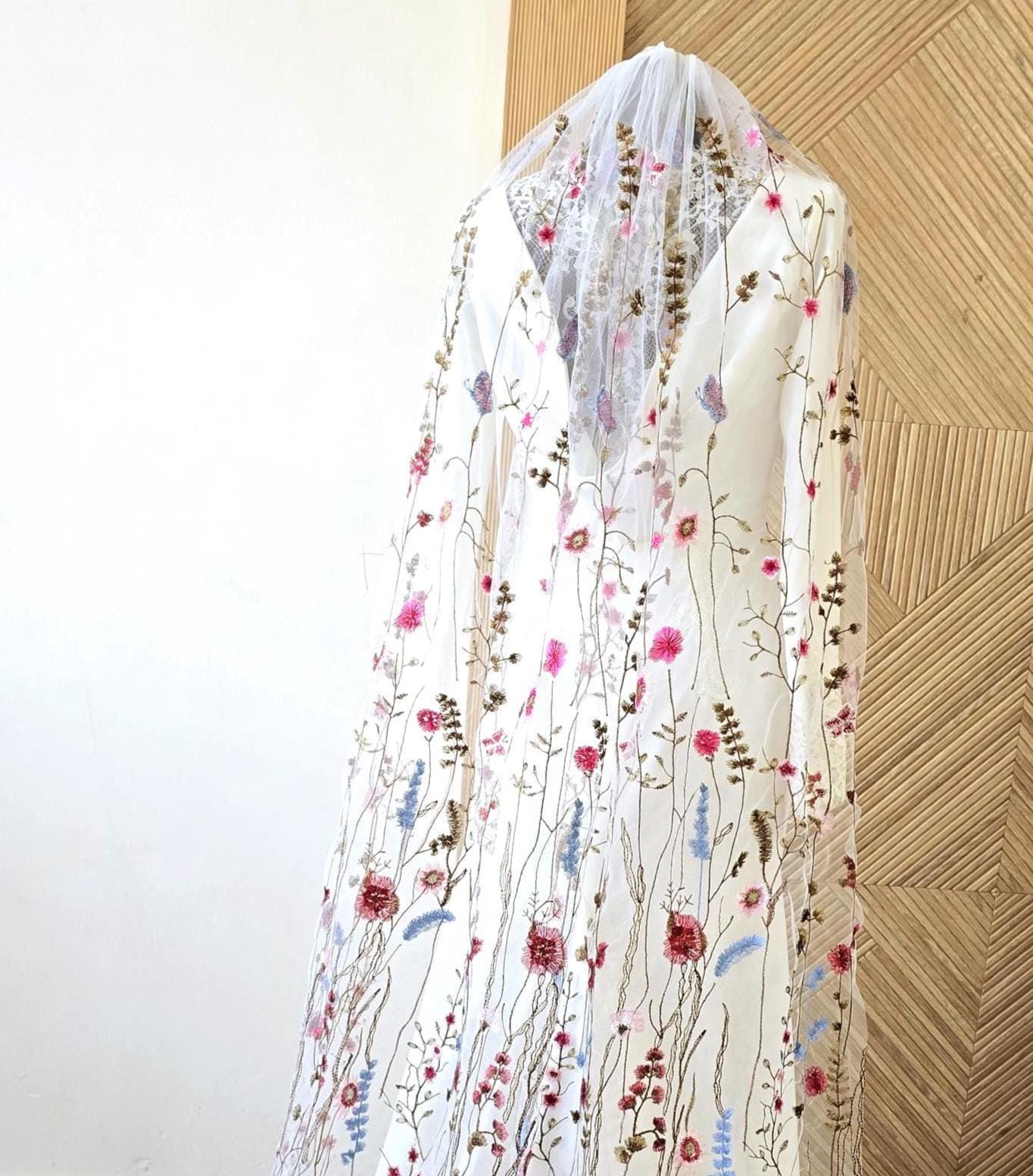 Secret garden flower wedding veil, floral wedding veil, pink red golden blue floral bridal veil, wildflower colorful veil, garden veil cape
