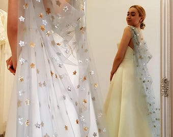 Celestial Wedding Cape: Gray Tulle Sequined Stars Bridal Cloak Cover-up, Winter Wedding Shiny Shawl.