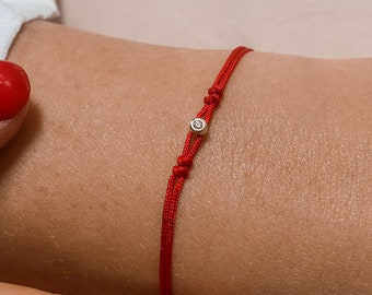 14K Yellow Gold Diamond Red Rope Bracelet - Adjustable