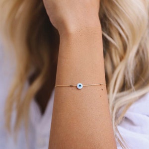 evil eye protect me white bracelet - tiny evil eye bracelet - mini evil eye- gold-filled