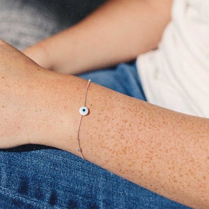 evil eye protect me white bracelet - tiny evil eye bracelet - mini evil eye - solid 14K white gold-Bridesmaid Gift