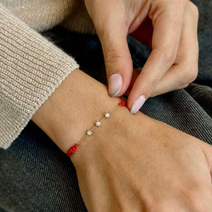 3 diamonds chain red rope bracelet - 14K yellow gold - diamond pendant -red rope bracelet