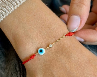 white eye diamond red rope bracelet - 14K yellow gold - tiny evil eye bracelet - mini evil eye - diamond pendant-Mother's Day