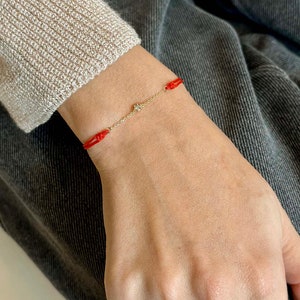 single diamond chain red rope bracelet - 14K yellow gold - diamond pendant