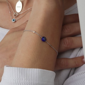 evil eye protect me blue bracelet - tiny evil eye bracelet - mini evil eye - solid 14K white gold