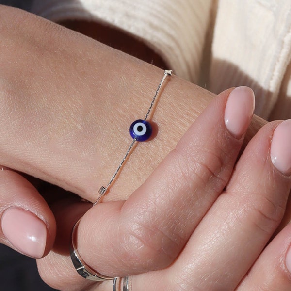 evil eye protect me blue bracelet - tiny evil eye bracelet - mini evil eye - sterling silver 925-Mother's Day