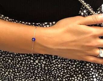 evil eye protect me blue bracelet - tiny evil eye bracelet - mini evil eye - sterling silver 925