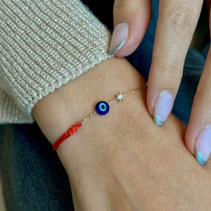 blue eye diamond red rope bracelet - 14K yellow gold - tiny evil eye bracelet - mini evil eye - diamond pendant-Mother's Day