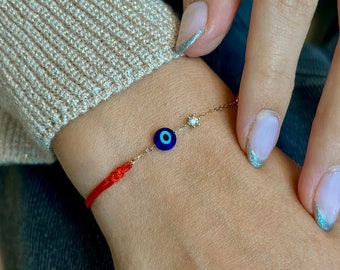 blue eye diamond red rope bracelet - 14K yellow gold - tiny evil eye bracelet - mini evil eye - diamond pendant-Mother's Day