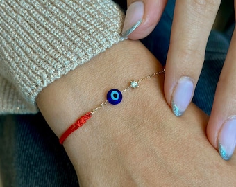 blue eye diamond red rope bracelet - 14K yellow gold - tiny evil eye bracelet - mini evil eye - diamond pendant-Mother's Day