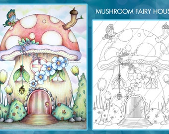 Page de coloriage numérique de maison de fée de champignon