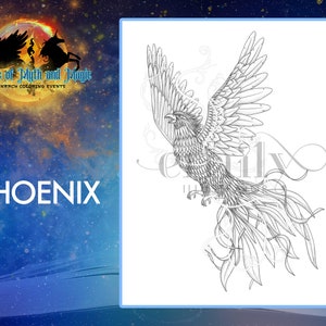 Puede incluir: Un dibujo en blanco y negro de un fénix en vuelo. El fénix tiene plumas detalladas y una cola larga. La imagen está titulada "PHOENIX".