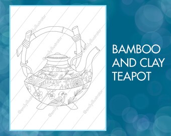 Bamboo and Clay Teapot Digital Coloring Page