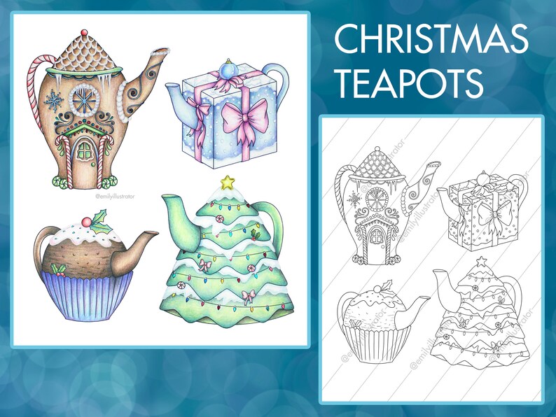 Peut inclure: Un ensemble de quatre illustrations de th&eacute;i&egrave;res de No&euml;l, deux en couleur et deux en noir et blanc. Les th&eacute;i&egrave;res sont d&eacute;cor&eacute;es de pain d'&eacute;pices, de sapins de No&euml;l et de cadeaux. Le texte "CHRISTMAS TEAPOTS" est en haut de l'image.