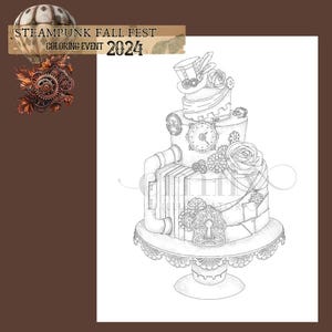 Può includere: Un disegno in bianco e nero di una torta nuziale a tema steampunk. La torta è decorata con ingranaggi, ruote dentate, tubi e una serratura. La torta è su un supporto a più livelli con un motivo a pizzo.