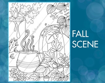 Fall Scene Digital Coloring Page