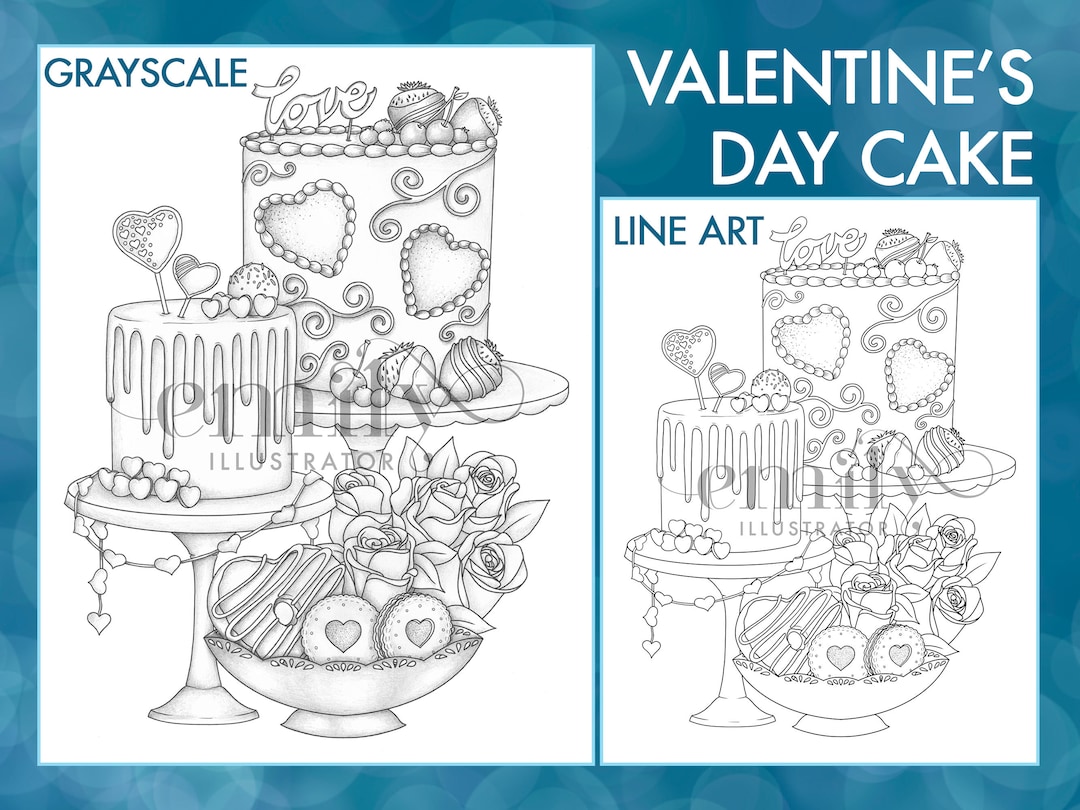 Valentine's Day Cake Digital Coloring Page - Etsy