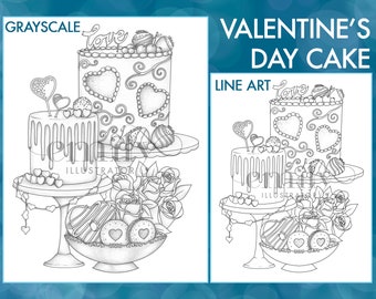 Valentine&#39;s Day Cake Digital Coloring Page