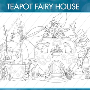Teapot Fairy House Digital Coloring Page