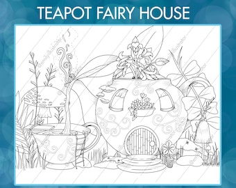 Teapot Fairy House Digital Coloring Page