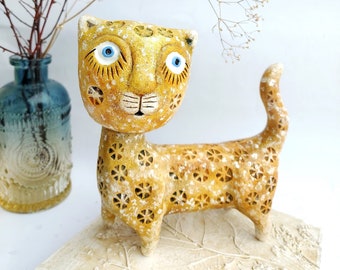 Ceramic cat figurine Yellow cat sculpture Handmade cat  Gift for cats lovers