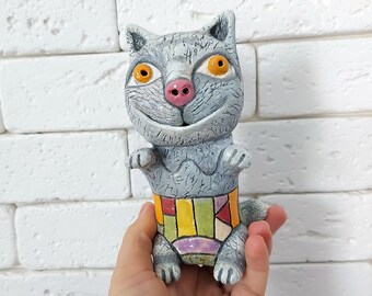 Ceramic cat figurine Handmade cat sculpture Gray cat Ceramic big cat Clay cat Ceramic kitten