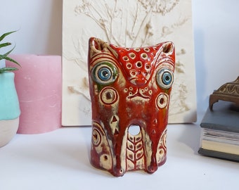 Ceramic candleholder Pottery candlestick Ceramic cat figurine Ceramic candlestick Red cat