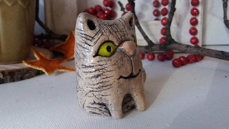 Ceramic cat figurine Ceramic kitten with a pink nose Handmade clay cat Gift for cats lover