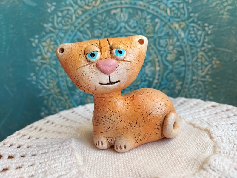 Ceramic cat figurine Handmade cat Redheaded cat Clay cat Gift for cats lover Ceramic kitten image 2