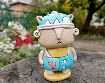 Figura de gato de cerámica hecha a mano: divertida escultura de gato coleccionable