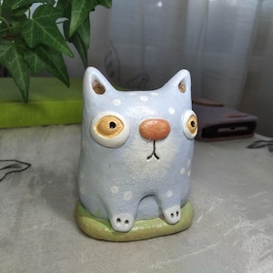 Polka Dot Cat Figurine - Gift For Cat Lover - Hand-Painted Ceramic Kitty - Handmade Clay Art