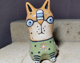 Handmade Ceramic Cat Figurine: Whimsical Clay Sculpture