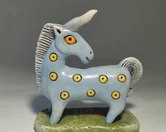 Handmade Ceramic Unicorn Sculpture: Blue Magical Figurine