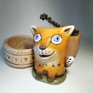 Handmade Ceramic Fox Figurine: Pottery Plant Decor