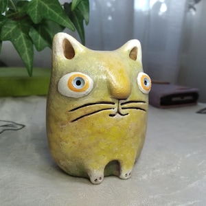 Handmade Ceramic Cat Figurine: Quirky Kitty Art Statuette