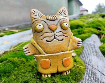 Ceramic cat figurine Handmade cat Pottery cat in trousers Gift for cat lover