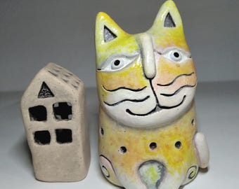 OOAK Ceramic Multi-colored  Cat Figurine | Gift for Cat Lovers | Home Decor