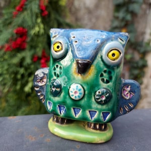 Ceramic owl sculpture  Clay owl figurine Ceramic bird figurine Owl totem Owl figurine  Blue owl