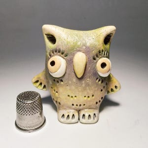 Miniature owl figurine, hand made from clay, for flower pot decoration. Owl totem .