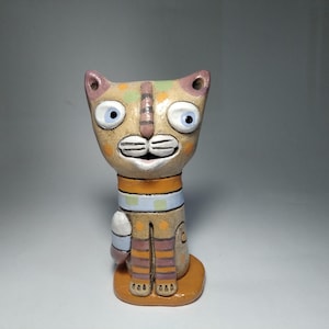 Handmade ceramic cat figurine Whimsical striped cat sculpture Colorful clay cat Folk art animal gift Unique home decor for cat lover