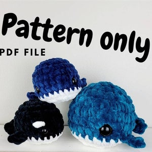 May include: A crochet pattern for making three plush whale toys. The whales are blue and black with white accents. The pattern is available as a PDF file.