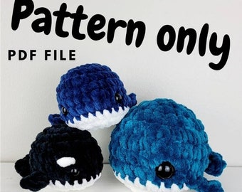 May include: A crochet pattern for making three plush whale toys. The whales are blue and black with white accents. The pattern is available as a PDF file.