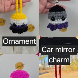 May include: Crocheted plushies, ornaments, keychains, and car mirror charms in various pride flag colors. Each item features a round body with a small face and tentacles. The image includes the text "Keychain", "Ornament", "Plushie", and "Car mirror charm".